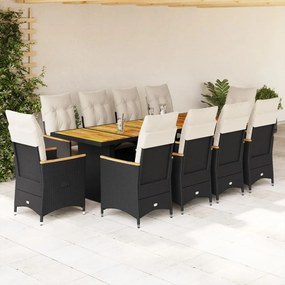 vidaXL Set bistro de grădină, 11 piese, cu perne, negru, poliratan