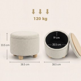 HOMCOM Taburet Rotund cu Spațiu de Depozitare, Capac, 19 L, Material Textil cu Aspect de Iută, 38,5x38,5x33,5 cm, Bej | Aosom Romania