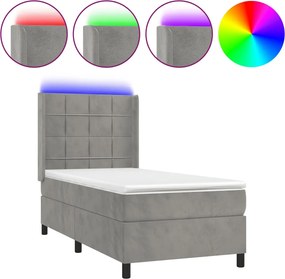 vidaXL Pat cu arcuri, cu saltea & LED, gri deschis, 80x200 cm, catifea