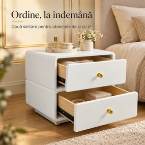 Noptieră modernă cu design minimalist, 2 sertare, Alb