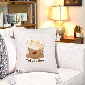 Perna Decorativa Catpuccino Pisica Cappuccino, 40x40 cm, Bej cu Franjuri, Husa Detasabila, Perna Inclusa, BEKZ®