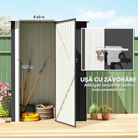 Outsunny Căsuță de Grădină 1.07m² din Oțel Zincat, Adăpost pentru Unelte cu Ușă Blocabilă, Acoperiș Înclinat, 142x86x189 cm, Gri Închis | Aosom Romania