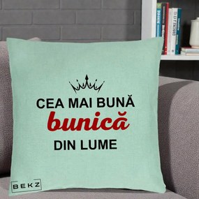 Cadou pentru Bunica - Perna Personalizata Cea Mai Buna Bunica Din Lume Coroana Neagra, 40x40 cm, Verde Menta, Husa Detasabila, Perna Inclusa, BEKZ®
