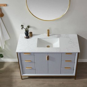 SET MOBILIER BAIE, DULAP LEMN 2 USI CU LAVOAR, BLAT GRANIT + OGLINDA RAMA ALUMINIU, CAIRO 106.6X55.8X86 CM, GRI/ALB/AURIU