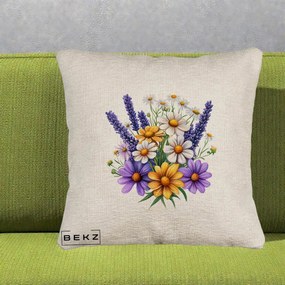 Perna Decorativa Lavanda Musetel si Flori Mov, 40x40 cm, Bej Canapea, Husa Detasabila, Perna Inclusa, BEKZ®