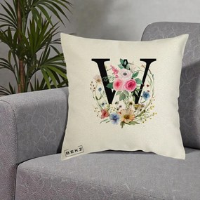 Cadou Personalizat - Perna Personalizata Monograma Florala Litera W, 40x40 cm, Ecru, Husa Detasabila, Perna Inclusa, BEKZ®