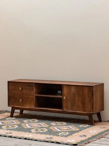 Comodă TV retro, din lemn de mango, maro, cu 2 sertare, o ușă, raft și butoni din alamă, 57 x 150 x 35 cm, „Farrah”