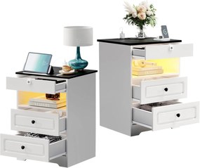 NOA73 - Set 2x Noptiere 43 cm, cu 3 sertare si raft, Priza, USB si Blocare cu Amprenta, dormitor - Alb - Negru