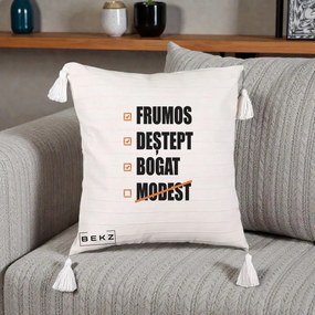 Perna Decorativa Frumos Destept Bogat, 40x40 cm, Bej cu Franjuri, Husa Detasabila, Perna Inclusa, BEKZ®