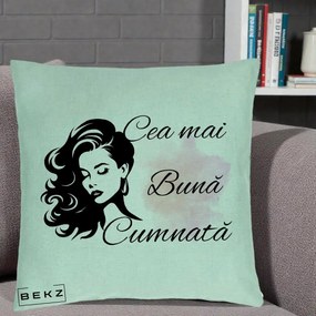 Cadou pentru Cumnata - Perna Personalizata Cea mai Buna Cumnata cu Silueta Dama si Pete Roz, 40x40 cm, Verde Menta, Husa Detasabila, Perna Inclusa, BEKZ®