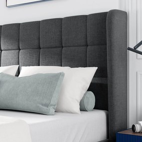 Pat dublu cu tăblie tapițată și somieră cu lamele, design elegant din in, fără saltea, 140x200 cm, Gri