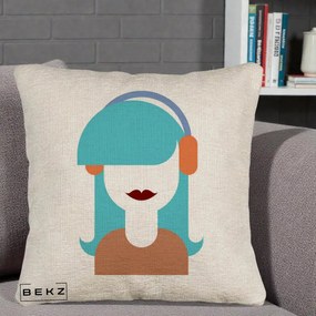 Perna Decorativa Fata cu Casti Muzica Grafic, 40x40 cm, Bej Canapea, Husa Detasabila, Perna Inclusa, BEKZ®