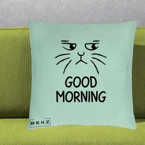 Perna Decorativa Pisica Morocanoasa Good Morning, 40x40 cm, Verde Menta, Husa Detasabila, Perna Inclusa, BEKZ®