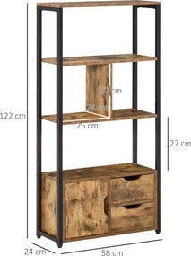 HOMCOM Biblioteca cu 3 Rafturi, Dulap si 2 Sertare, Biblioteca Stil Industrial din PAL si Metal, 58x24x122 cm, Negru si Lemn natur | Aosom Romania
