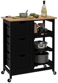 HOMCOM Cărucior servire bucătărie pe roți, blat din lemn, 3 sertare și 1 blat detașabil, 67 x 37 x 85,5 cm, negru | Aosom Romania