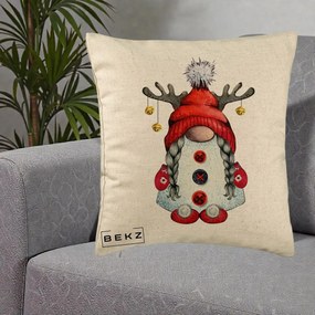 Perna Decorativa Pitic Gnom Craciun cu Coarne de Ren, 40x40 cm, Bej, Husa Detasabila, Perna Inclusa, BEKZ®