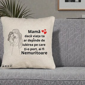 Cadou pentru Mama - Perna Personalizata Mama Nemuritoare cu Copilul in Poala, 40x40 cm, Bej Canapea, Husa Detasabila, Perna Inclusa, BEKZ®