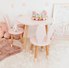 Set masuta rotunda roz si doua scaunele iepuras roz