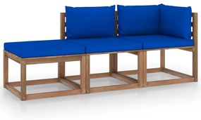 Set mobilier gradina paleti cu perne, 3 piese, lemn pin tratat Albastru, colt + mijloc + suport pentru picioare, 1
