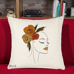 Perna Decorativa Portret Feminin Trandafiri Ruginii, 40x40 cm, Crem Reliefat, Husa Detasabila, Perna Inclusa, BEKZ®