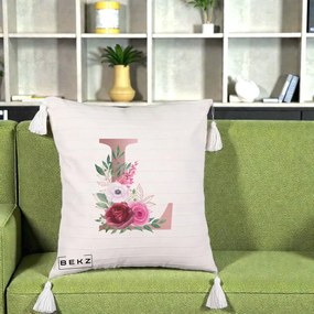 Cadou Personalizat - Perna Personalizata Monograma Rose Gold Litera L, 40x40 cm, Bej cu Franjuri, Husa Detasabila, Perna Inclusa, BEKZ®