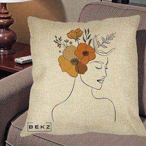 Perna Decorativa Portret Feminin Flori Galbene-Portocalii, 40x40 cm, Crem, Husa Detasabila, Perna Inclusa, BEKZ®
