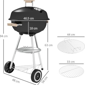 Outsunny Grătar cu Cărbuni, Grilaj Metalic, Capac, Orificii de Aerisire, Roți, Raft și Mâner, 48x56x94 cm, Negru | Aosom Romania