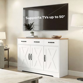 HOMCOM Bufet de bucătărie, mobilier de depozitare cu 3 uși tip hambar, 2 sertare și rafturi reglabile, 108 x 40 x 81 cm, alb | Aosom Romania