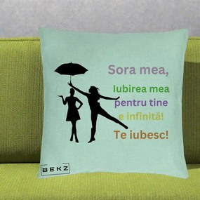 Cadou pentru Sora - Perna Personalizata Sora Mea Te Iubesc Siluete Colorate Umbrela, 40x40 cm, Verde Menta, Husa Detasabila, Perna Inclusa, BEKZ®