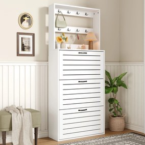 Dulap pentru pantofi cu 3 uși, raft pentru pantofi cu cârlige, 70x25x165 cm, Alb