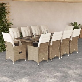 vidaXL Set bistro de grădină, 11 piese, cu perne, bej, poliratan