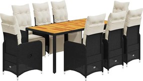 vidaXL Set bistro de grădină, 9 piese, cu perne, negru, poliratan
