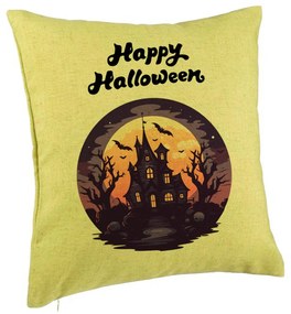 Perna Decorativa cu motiv de Halloween si Text, 40x40 cm, Verde, Husa Detasabila, Burduf