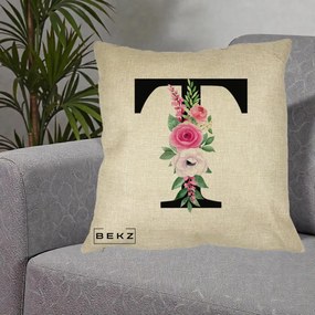 Cadou Personalizat - Perna Personalizata Monograma Florala Litera T, 40x40 cm, Crem, Husa Detasabila, Perna Inclusa, BEKZ®