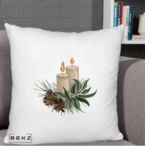 Perna Decorativa Lumanari cu Ilex si Conuri Ilustratie, 40x40 cm, Alb Pufos, Husa Detasabila, Perna Inclusa, BEKZ®