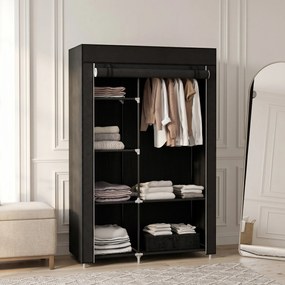 HOMCOM Dulap Portabil din Material, Dulap cu 6 Rafturi Deschise, 1 Bară și Ușă cu Fermoar, 103x43x162,5 cm, Negru | Aosom Romania