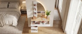 Masuta machiaj cu Oglinda LED si 4 Sertare pentru Cosmetice, Set Masa toaleta 106 cm, Alb - Maro, masuta cosmetica, vanity cu Riflaj si Rafturi -