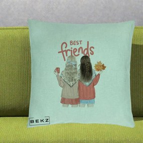 Cadou pentru Prieteni - Perna Personalizata Best Friends Toamna, 40x40 cm, Verde Menta, Husa Detasabila, Perna Inclusa, BEKZ®