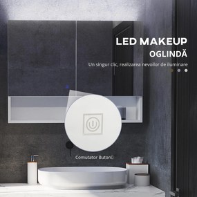 HOMCOM Dulap cu Oglindă de Perete cu Lumini LED și Rafturi Reglabile din Sticlă și MDF pentru Baie | Aosom Romania