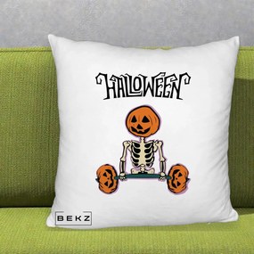 Perna Decorativa Halloween Schelet cu Cap de Dovleac Powerlifting, 40x40 cm, Alb Pufos, Husa Detasabila, Perna Inclusa, BEKZ®