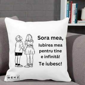 Cadou pentru Sora - Perna Personalizata Sora Mea Te Iubesc Copii Tinand Maini Line Art, 40x40 cm, Alba Mata, Husa Detasabila, Perna Inclusa, BEKZ®