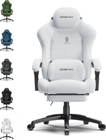 DOWINX – Scaun Gaming, Suport Lombar cu Masaj, Șezut cu Arcuri Metalice și Spumă, Rabatabil 90°-160°, Suport picioare, Rezistent 160 kg, Alb