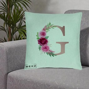 Cadou Personalizat - Perna Personalizata Monograma Rose Gold Litera G, 40x40 cm, Verde Menta, Husa Detasabila, Perna Inclusa, BEKZ®