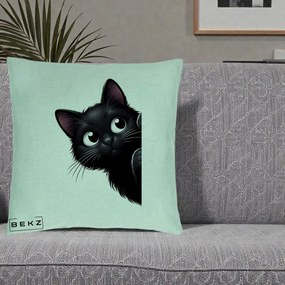 Perna Decorativa Pisica Neagra Dragalasa Curioasa, 40x40 cm, Verde Menta, Husa Detasabila, Perna Inclusa, BEKZ®