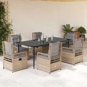 vidaXL Set de masă pentru grădină, 7 piese, cu perne, bej, poliratan