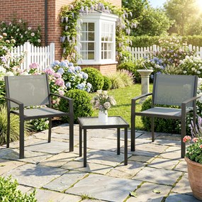 Outsunny Set masă și scaune pentru terasă exterior 3 piese cu 2 scaune din Textilene, masă din sticlă securizată, gri deschis | Aosom Romania