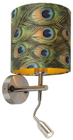 Lampa de perete moderna din otel cu lampa de citit si abajur din catifea 20/20/20 Paun - Auriu