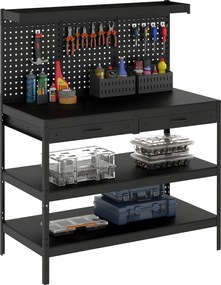 HOMCOM Banc de lucru cu rafturi reglabile, stație de lucru robustă cu panou perforat și 2 sertare, 122 x 61 x 156 cm, Negru | Aosom Romania