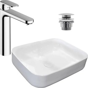 Pachet lavoar pe blat Rea Demi Slim alb 51 cm, baterie lavoar Hansgrohe Vernis Blend crom si ventil lavoar Click-Clack crom