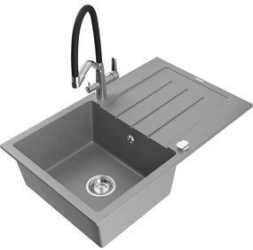 Mexen Bruno chiuvetă de granit cu un compartiment, cu picurător și baterie de bucătărie Duo, Gri - 6513-71-671701-07